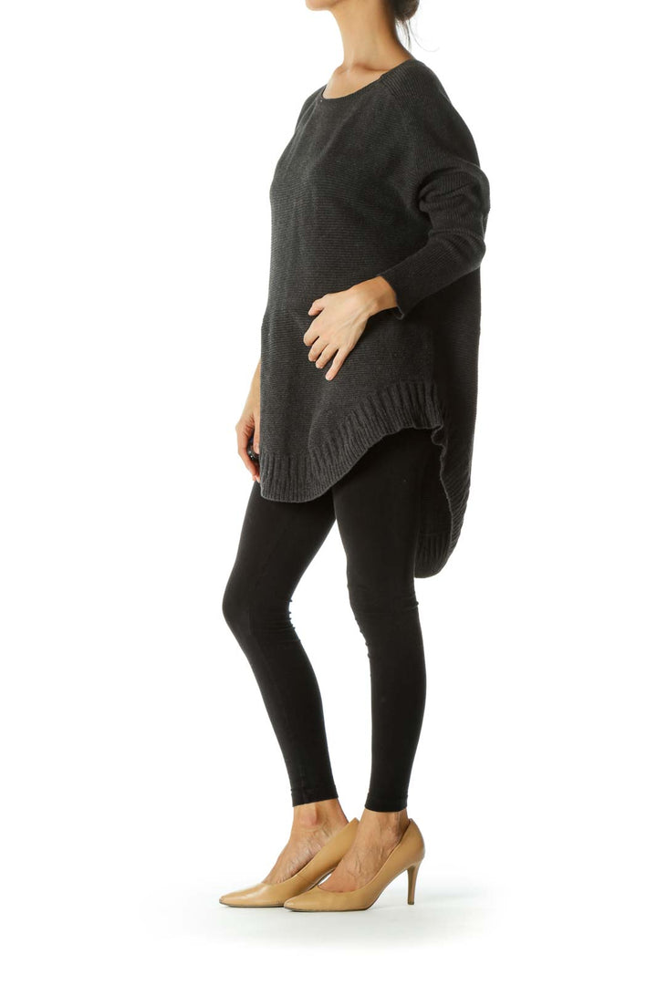 Charcoal Gray Round Neck Ribbed Textured Zippered Pockets Sweater