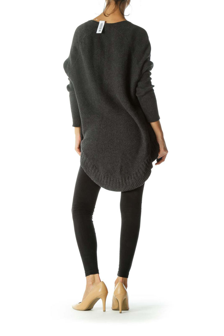 Charcoal Gray Round Neck Ribbed Textured Zippered Pockets Sweater