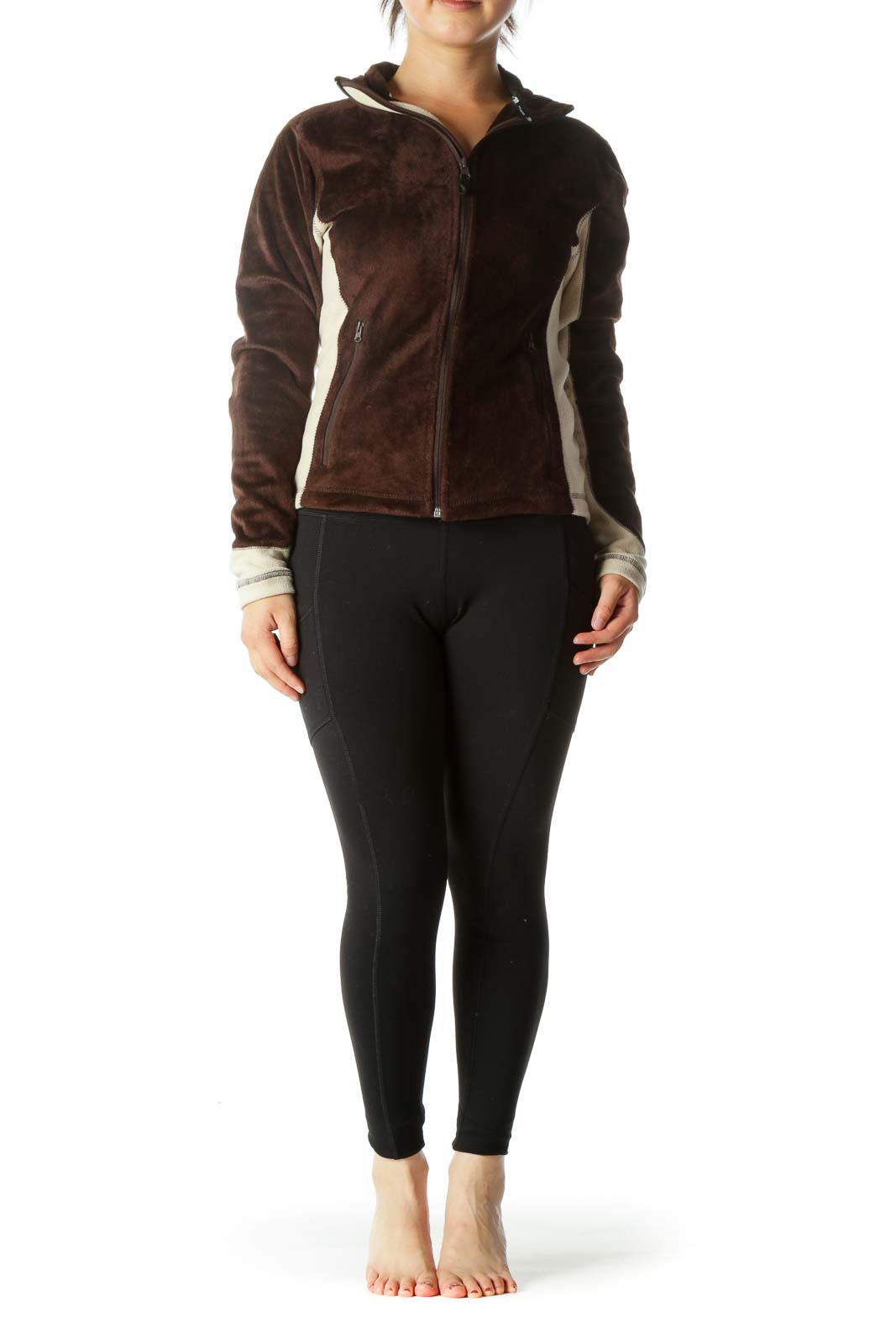 Brown Color Block Textured Zip Jacket