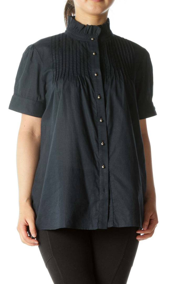 Navy Buttoned Pleated Short Sleeve Top