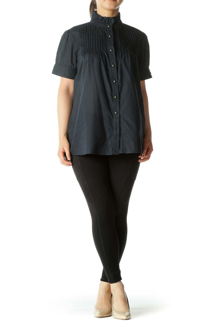 Navy Buttoned Pleated Short Sleeve Top