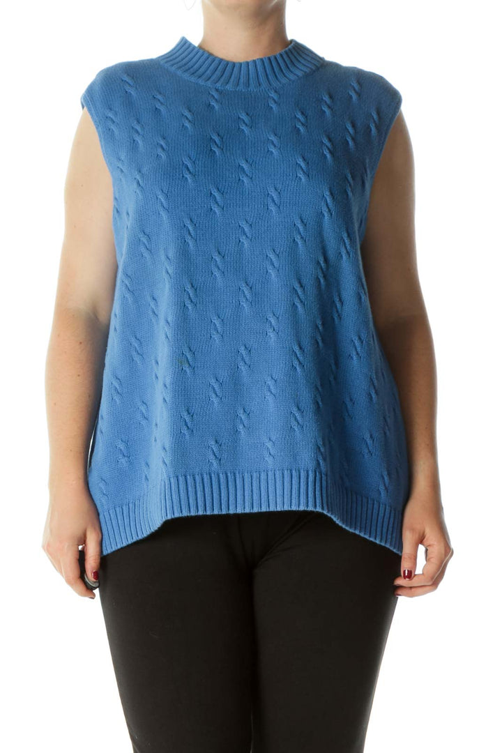 Blue 100% Cotton Round Neck Knit Stretch Sweater Vest