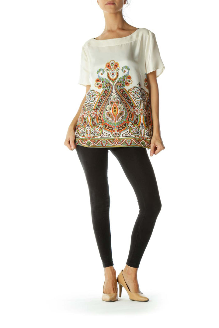 Cream Printed Silk Blouse