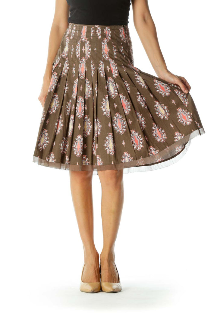 Brown Orange White Printed Pleated Cinched Waist A-Line Skirt