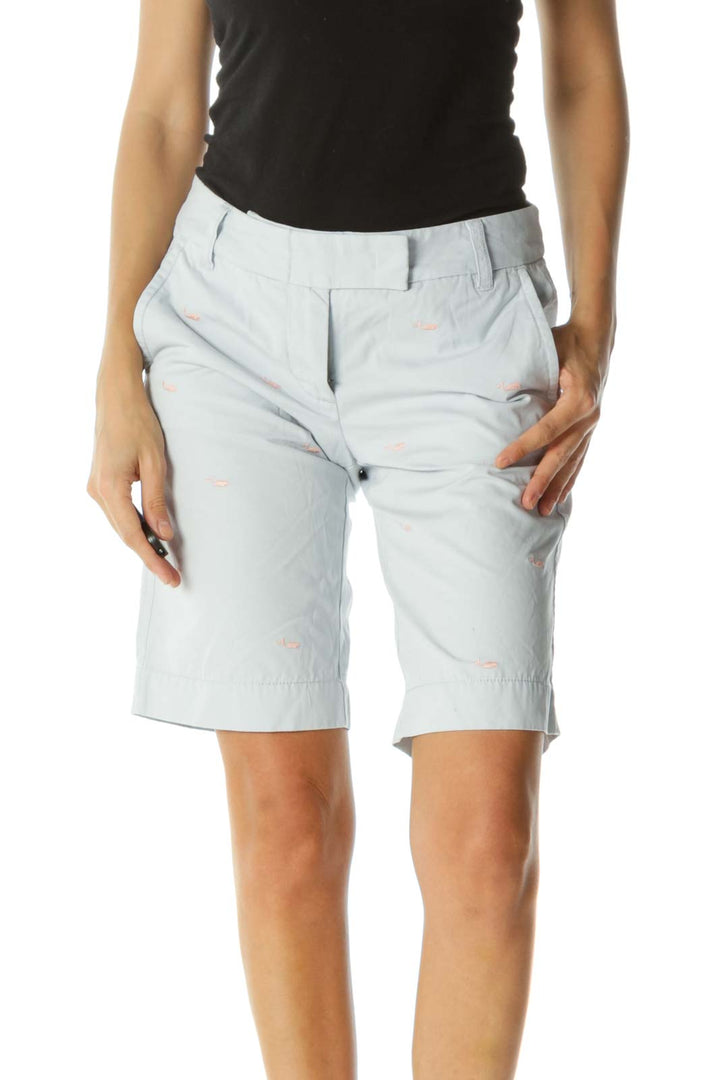 Light Blue Pink Embroidered Whales Pocketed Chino Shorts