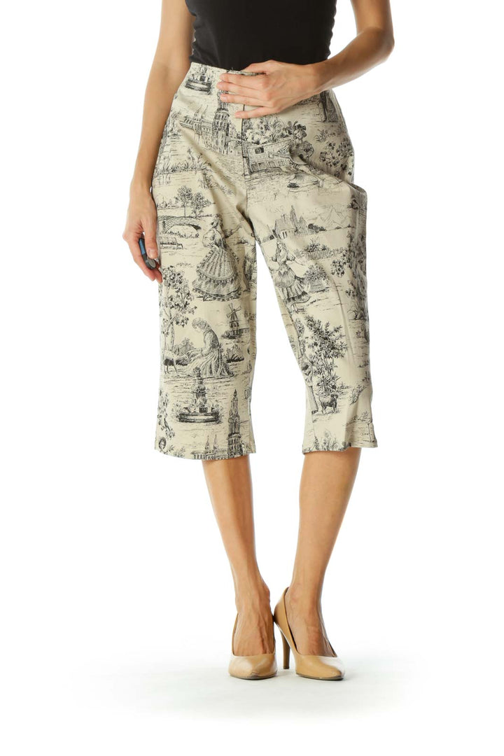 Beige Black Period Print Scenes Cropped Zippered High-Waist Stretch Pants (Altered)