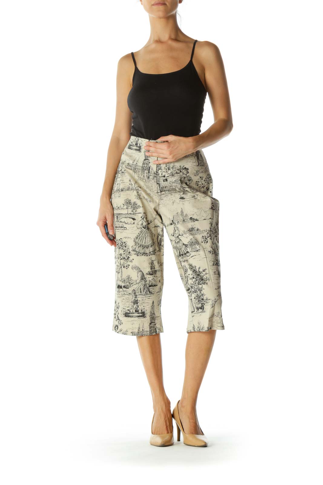 Beige Black Period Print Scenes Cropped Zippered High-Waist Stretch Pants (Altered)