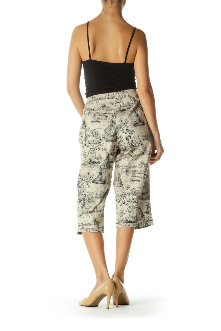 Beige Black Period Print Scenes Cropped Zippered High-Waist Stretch Pants (Altered)