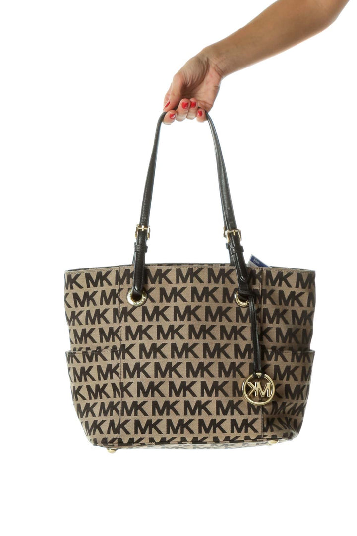 Beige Black Embroidered Monogrammed Gold Hardware Tote Bag