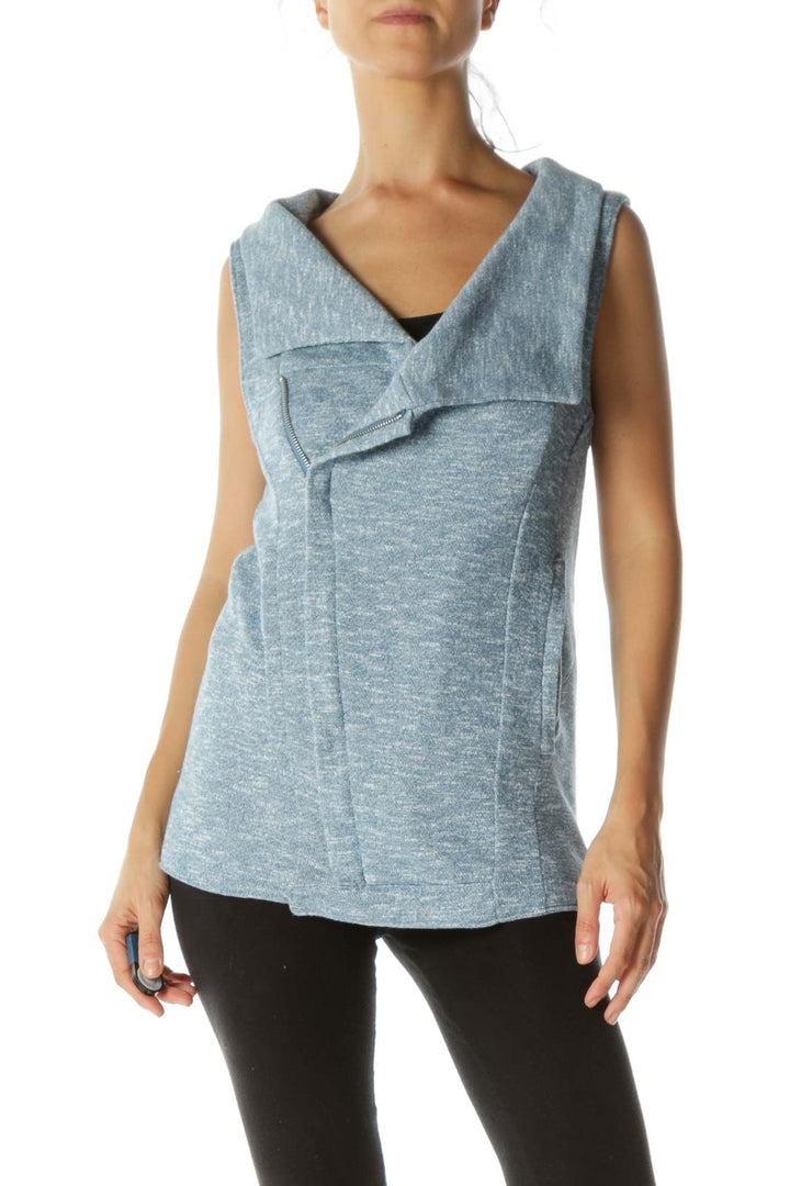 Blue White Mottled Pocketed Knit Stretch Vest