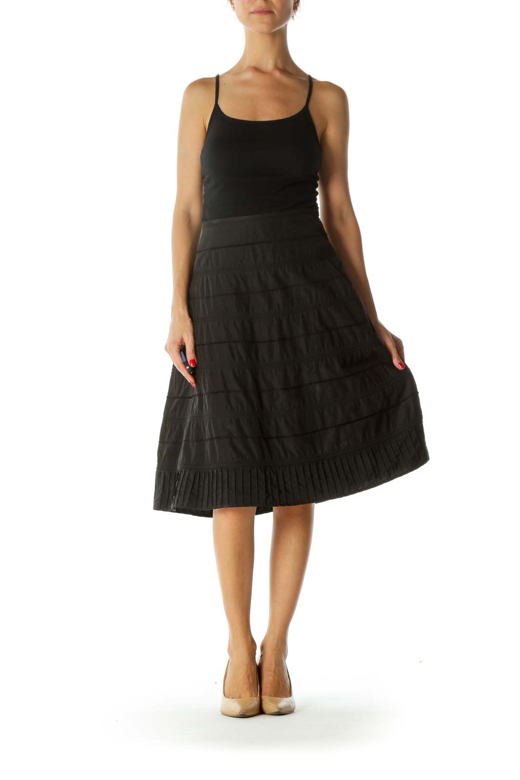 Black Silk Blend Embroidered Textured A-Line Skirt