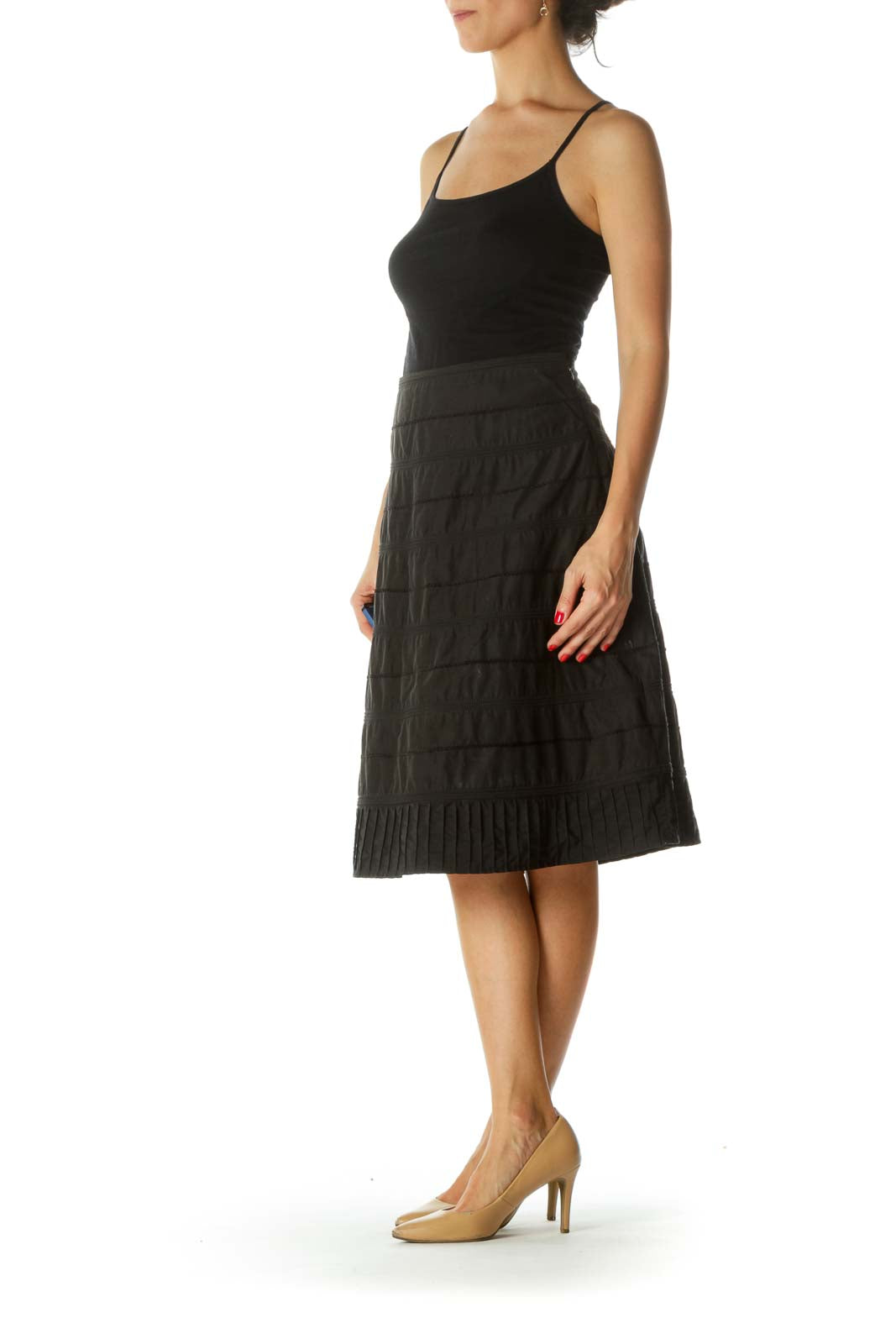 Black Silk Blend Embroidered Textured A-Line Skirt