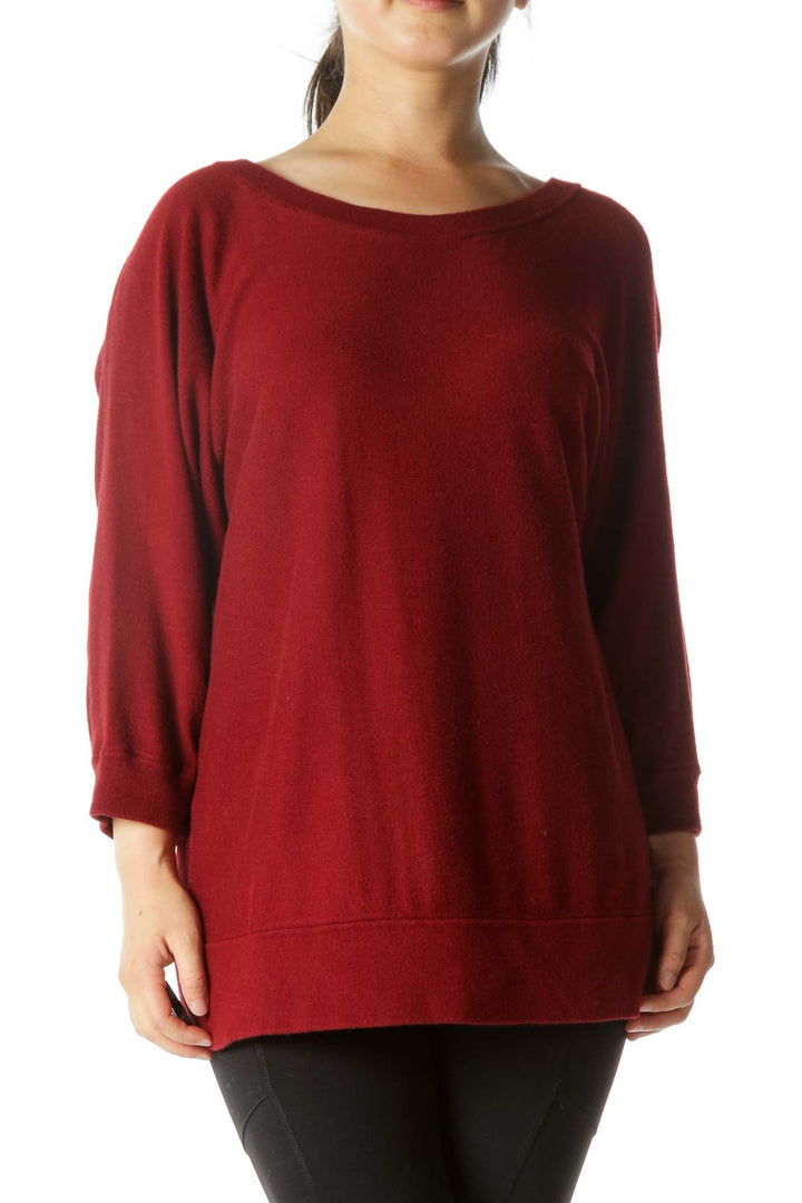 Dark Red Bat-Sleeve Round Neck Sweater