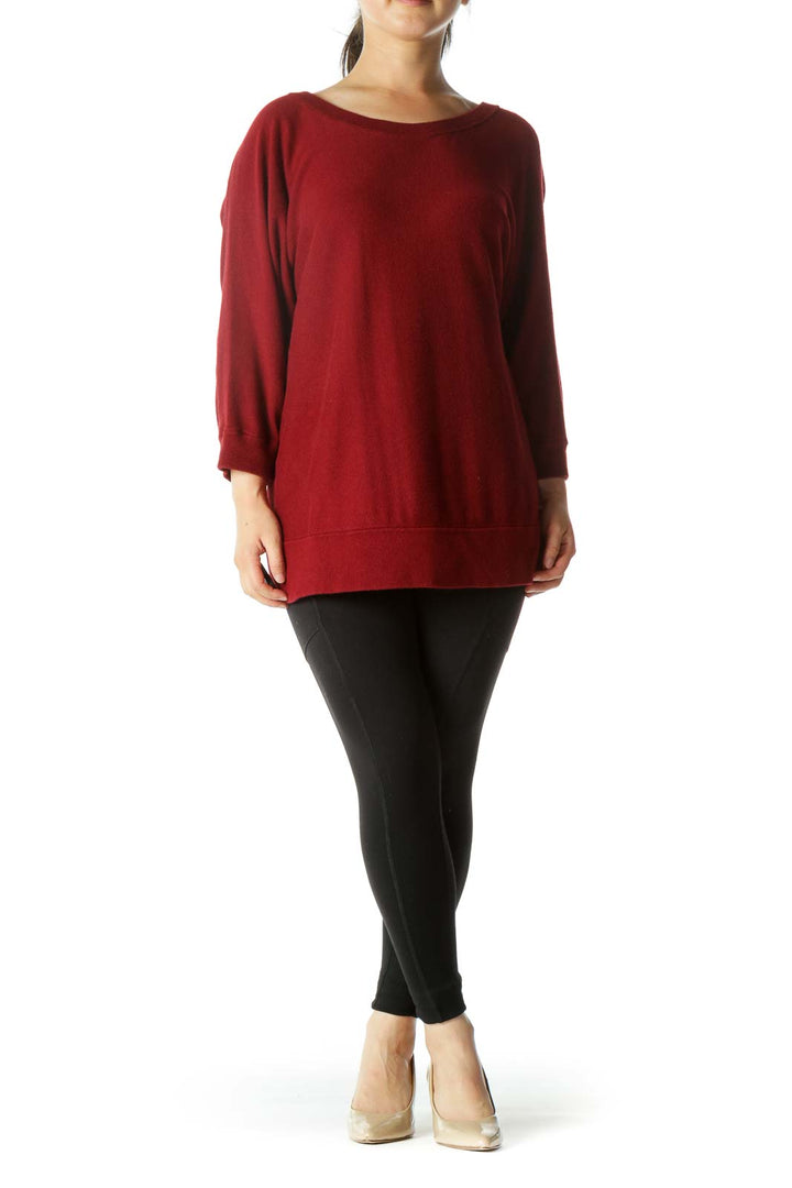 Dark Red Bat-Sleeve Round Neck Sweater