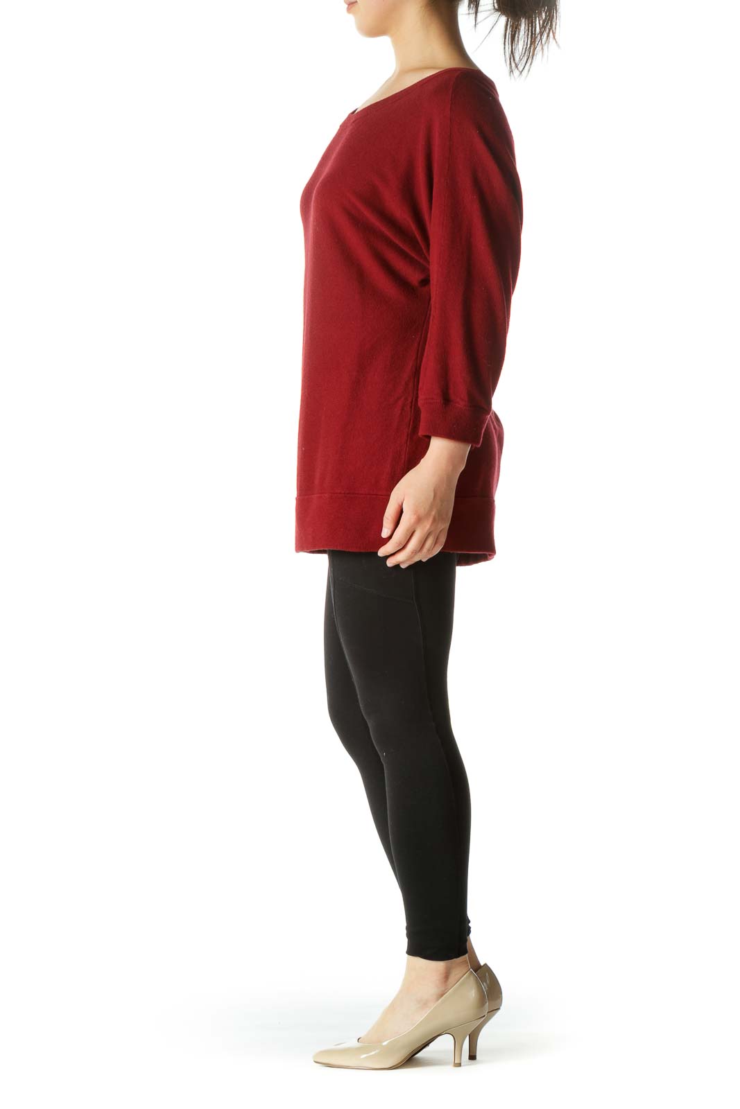 Dark Red Bat-Sleeve Round Neck Sweater