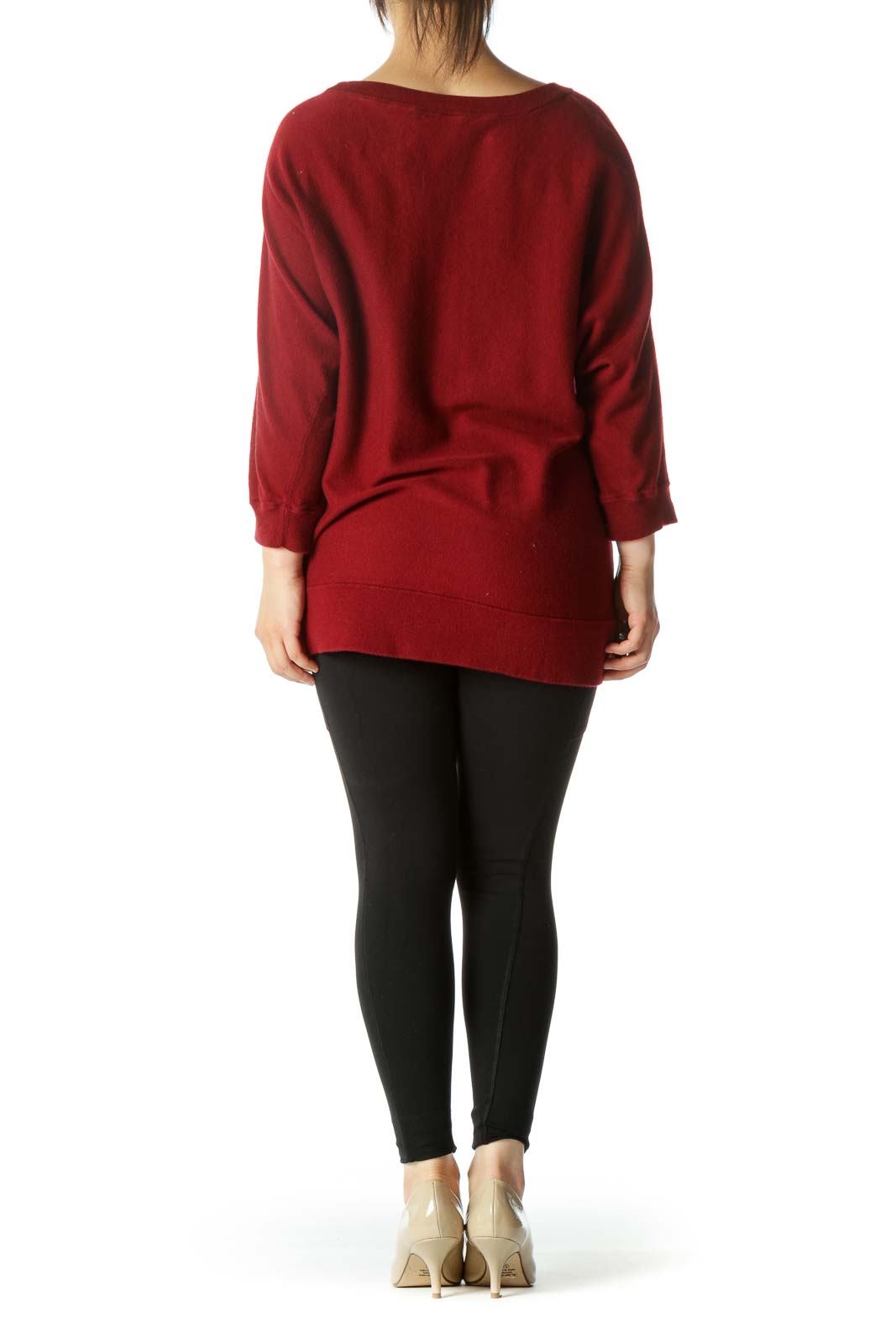 Dark Red Bat-Sleeve Round Neck Sweater