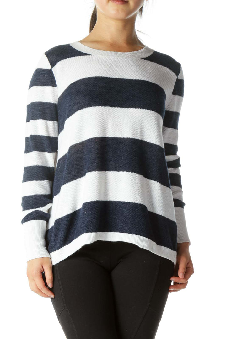 Blue White Striped Open-Back Knit Top