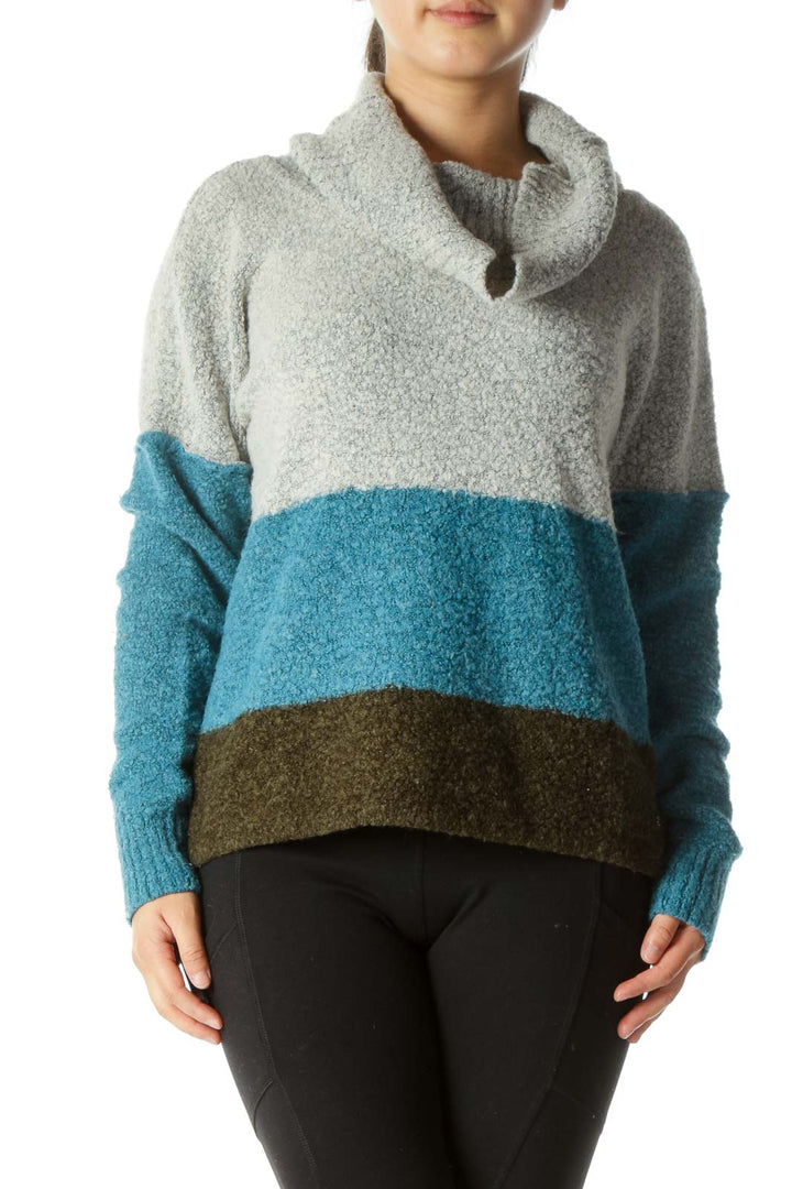 Gray Blue Green Color Block Cowl Neck Sweater