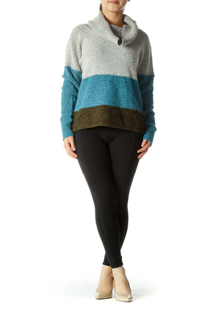 Gray Blue Green Color Block Cowl Neck Sweater