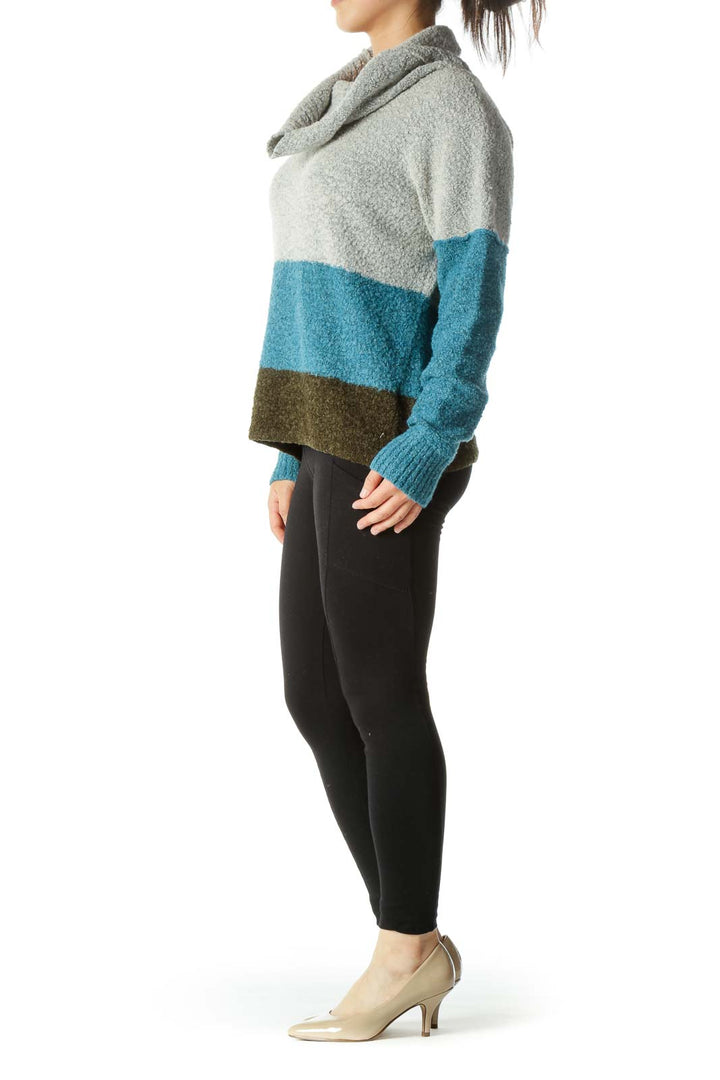 Gray Blue Green Color Block Cowl Neck Sweater