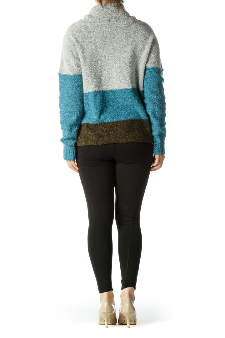 Gray Blue Green Color Block Cowl Neck Sweater