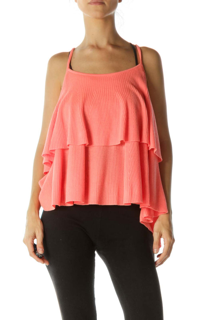 Bright Orange Flared Tiered Spaghetti Straps Stretch Top