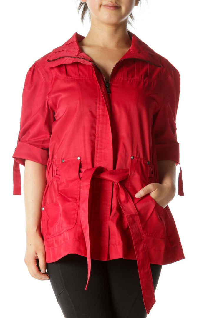 Red Short Sleeve Belted Pocketed Zippered Jacket