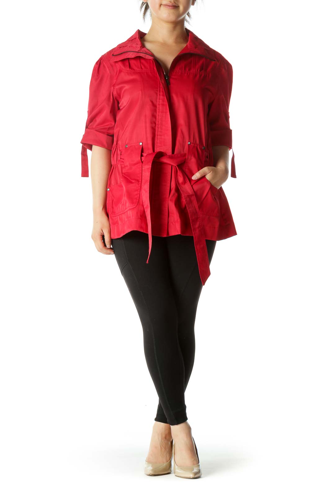 Red Short Sleeve Belted Pocketed Zippered Jacket