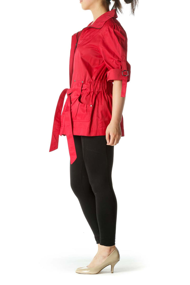 Red Short Sleeve Belted Pocketed Zippered Jacket