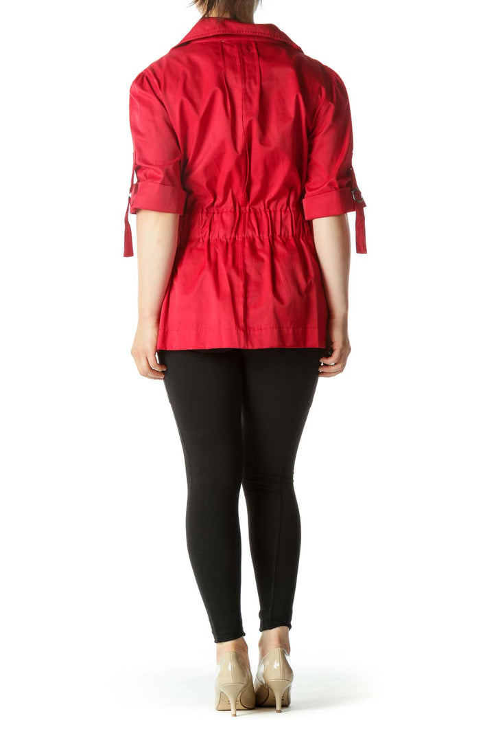 Red Short Sleeve Belted Pocketed Zippered Jacket