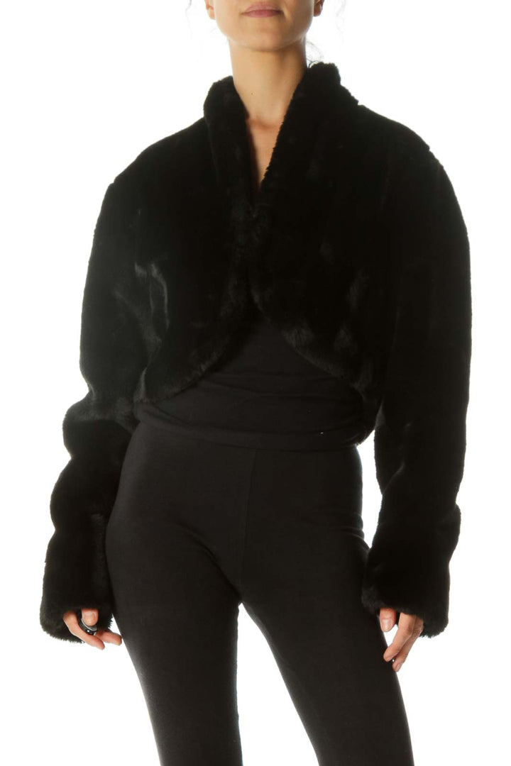 Black Faux-Fur Two Hooks-Closure Bolero Jacket