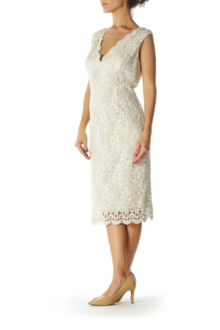 Cream Embroidered Metallic Dress