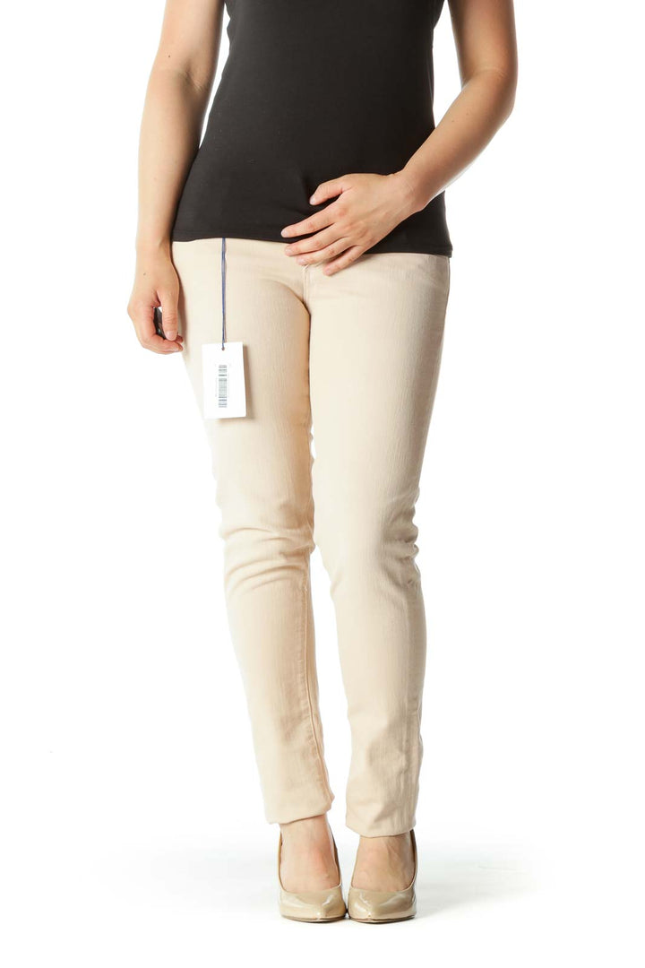 Light Peach-Pink Cotton Blend Stretch Skinny Pants