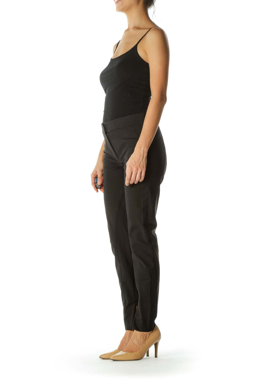 Black Cotton Blend Scuba Style Zippered Ankles Detail Pants