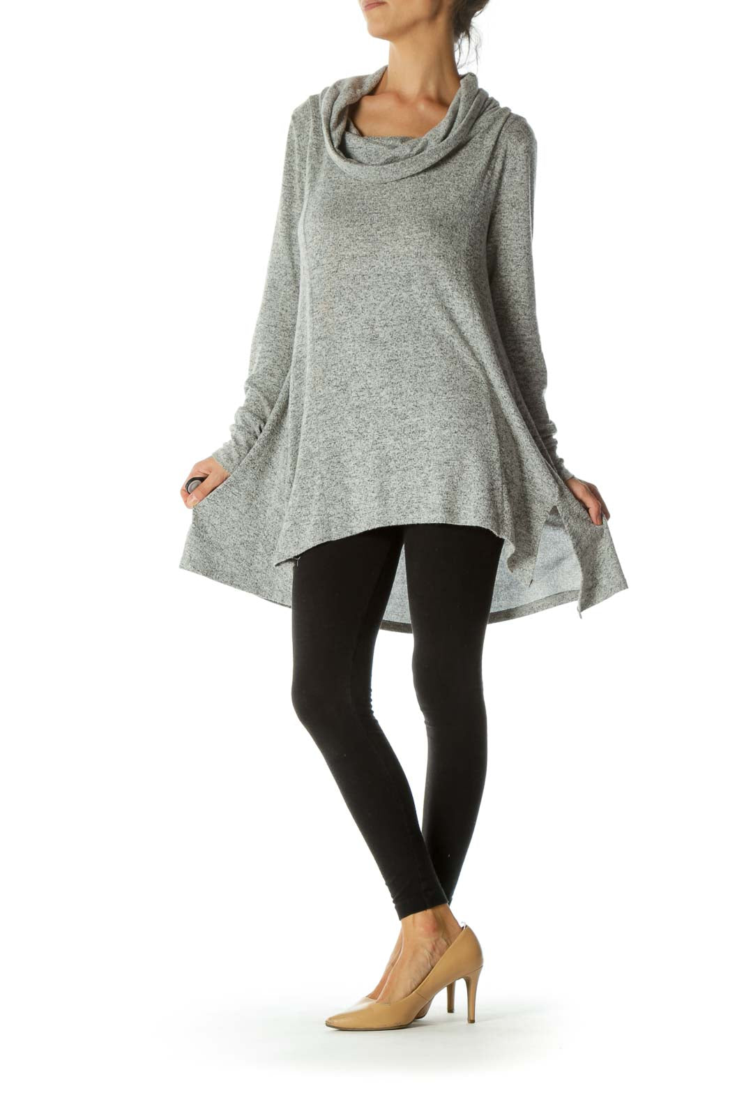 Gray Mottled Print Cowl Neck Soft Long Sleeve Sweater