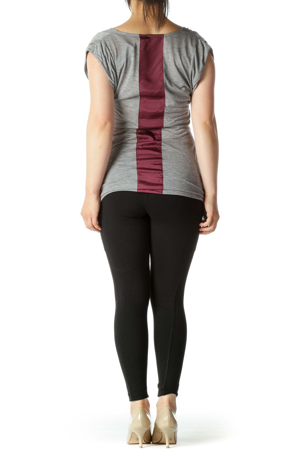 Gray Shirt with Burgundy Stripe on Back