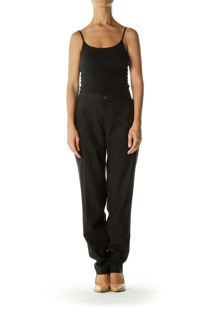 Black Single-Button Closure Pocketed Stretch Slacks