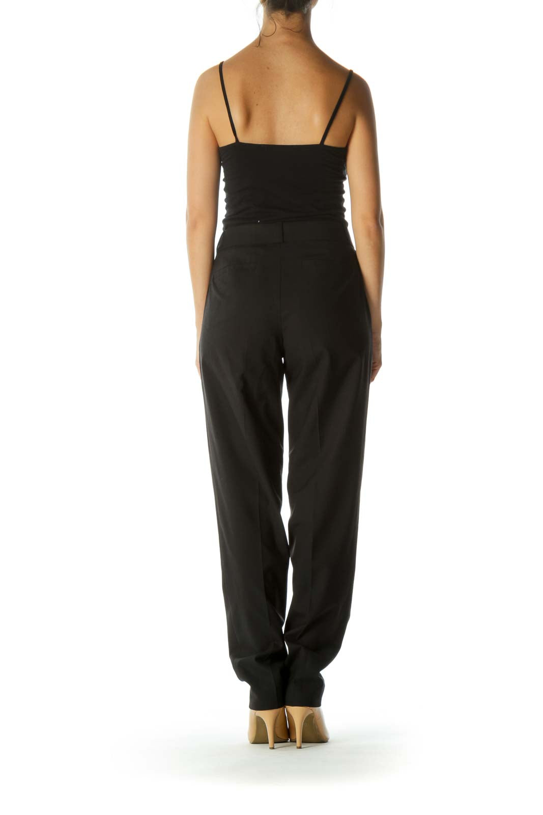 Black Single-Button Closure Pocketed Stretch Slacks