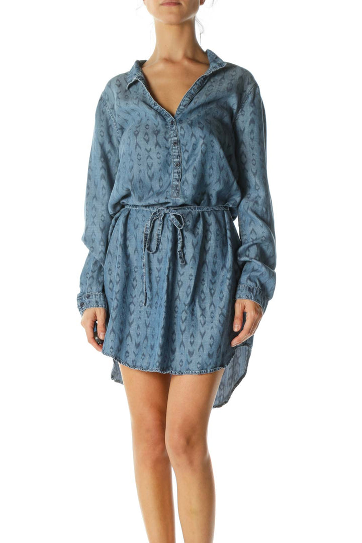 Blue Printed Belted Buttoned Denim-Style Dress