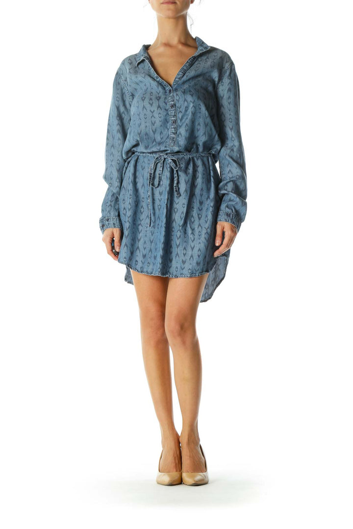 Blue Printed Belted Buttoned Denim-Style Dress