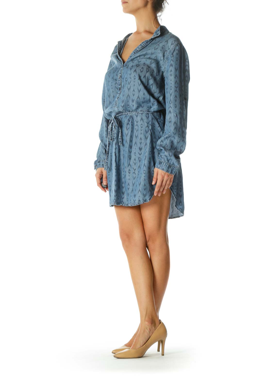 Blue Printed Belted Buttoned Denim-Style Dress