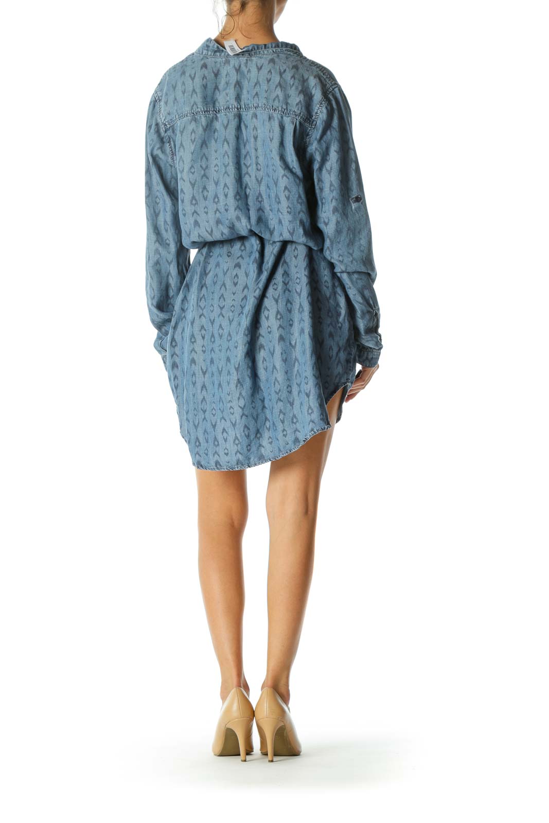 Blue Printed Belted Buttoned Denim-Style Dress