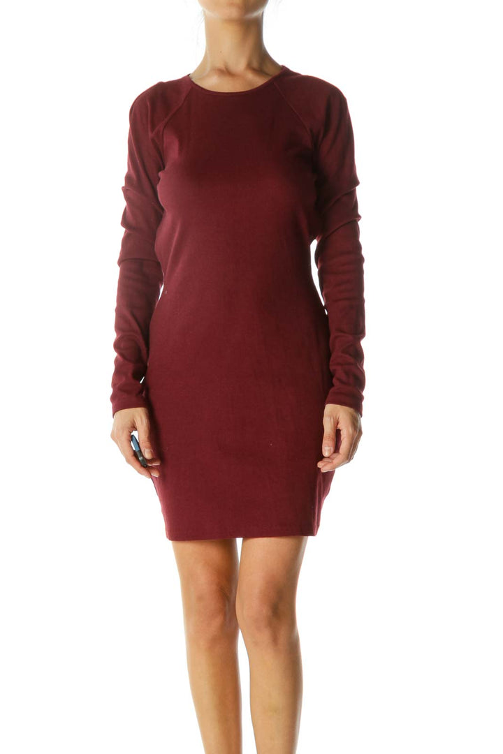 Burgundy Open-Back Long Sleeve Stretch Dress