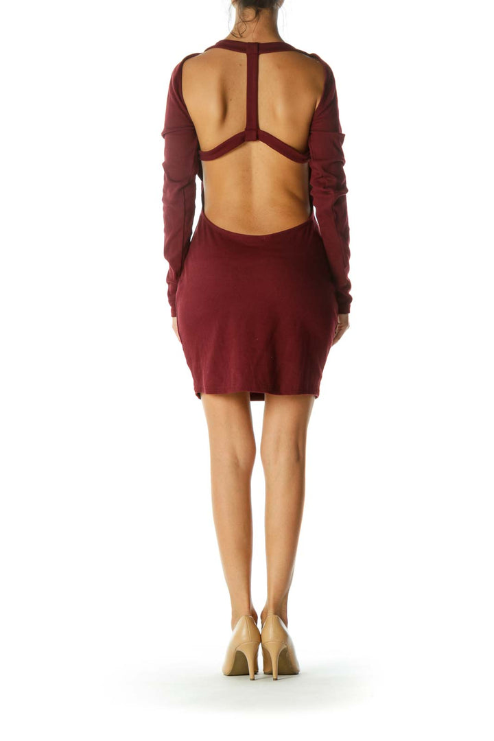 Burgundy Open-Back Long Sleeve Stretch Dress