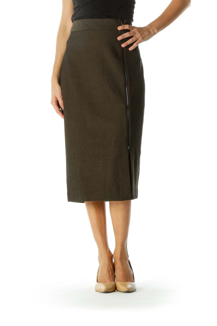 Black Olive Green Zipper Detail Pencil Textured Midi Skirt