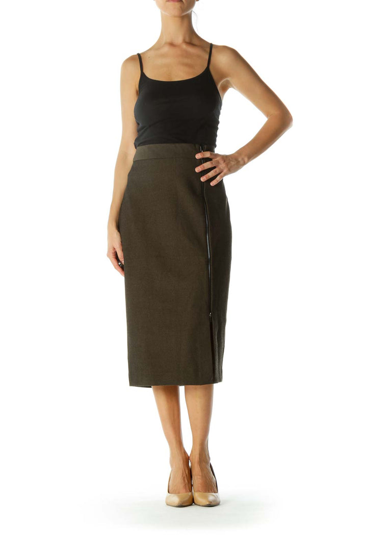 Black Olive Green Zipper Detail Pencil Textured Midi Skirt