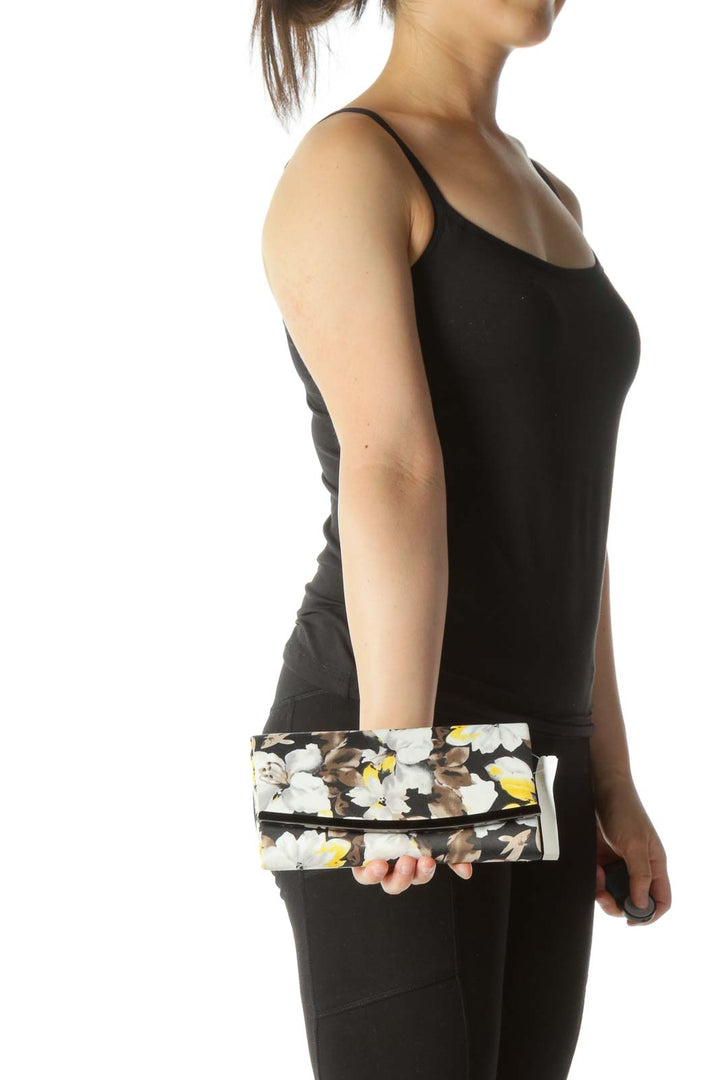 Black Floral Print Evening Clutch