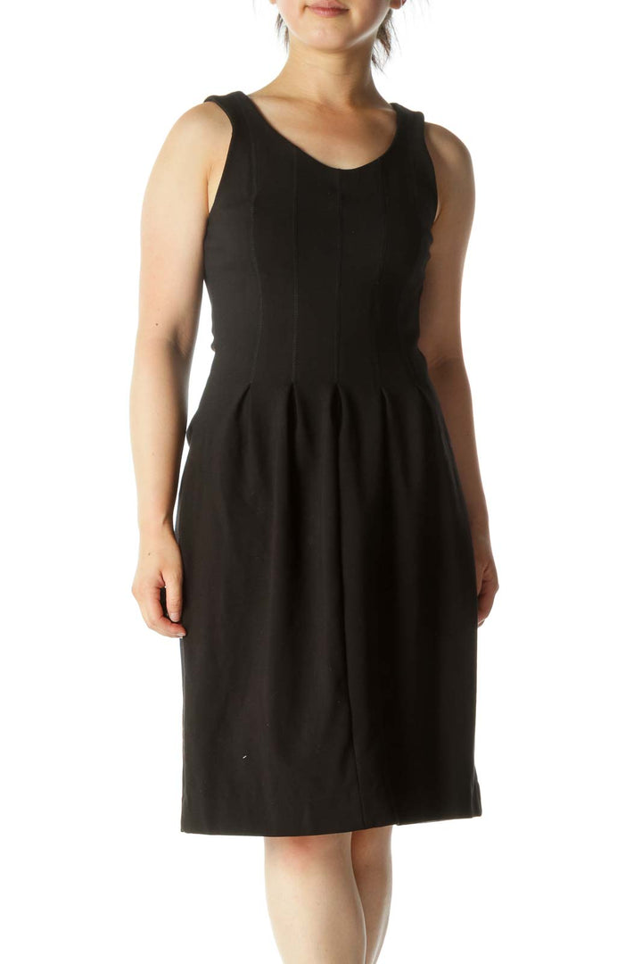 Black Round Neck Stretch Pleating Detail Dress