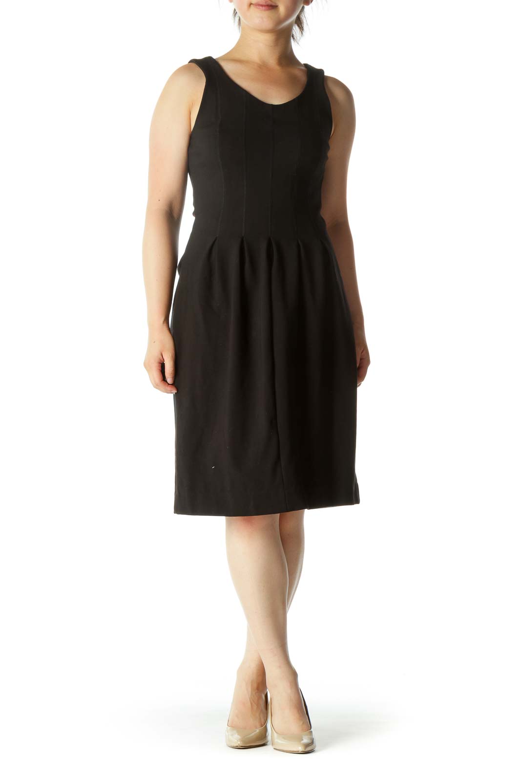 Black Round Neck Stretch Pleating Detail Dress