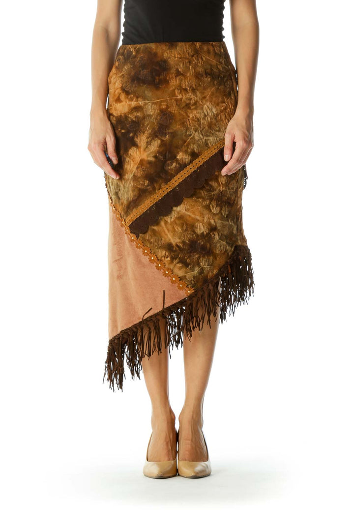 Brown Beige Fringe Floral Jacquard Faux-Suede Mixed-Media Stretch Asymmetrical Skirt